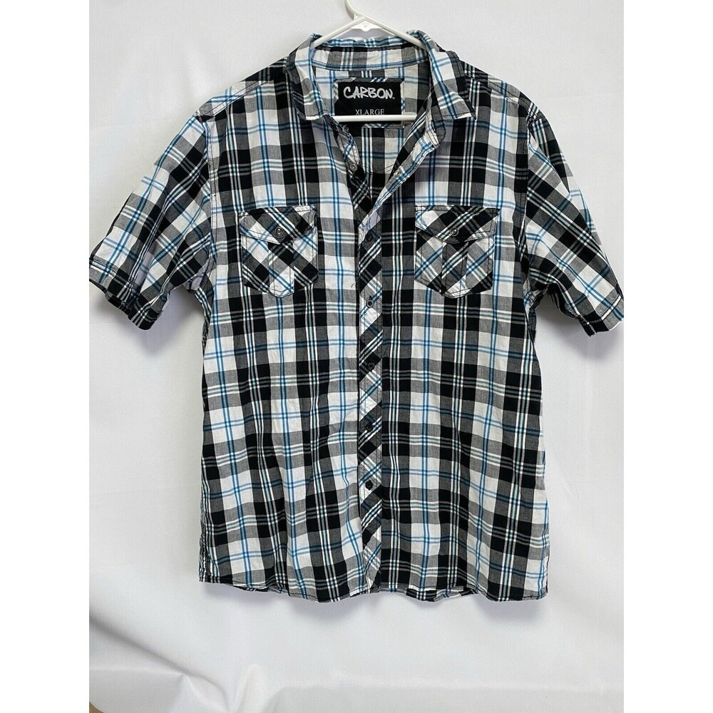 Carbon Men’s XL Button Up Short Sleeve Shirt Plaid‎ Blue White Teal 100% Cotton